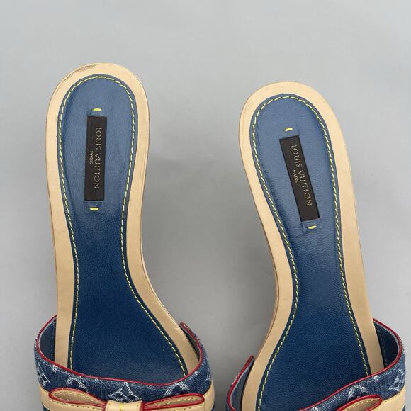 LOUIS VUITTOM Blue Monogram Denim Bow Platform Slide Mules, Size 37.5 US 7 - Picture 4 of 13